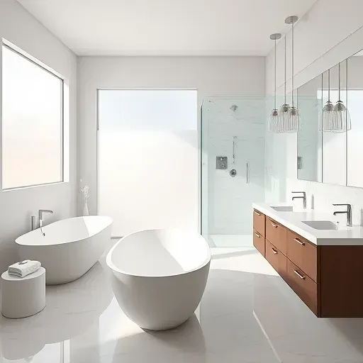 Luxurious renovated bathroom in Jacksonville NC featuring modern fixtures, freestanding bathtub, glass shower, double vanity, marble flooring and elegant finishes