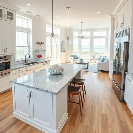Coastal kitchen remodel in Southport NC with white cabinetry, granite countertops, and inviting decor elements.