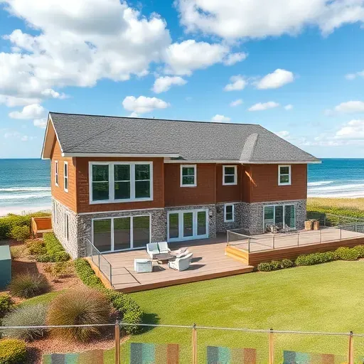 Completed coastal home remodeling in Holden Beach NC features wood stone exterior and ocean views with lush landscaping.