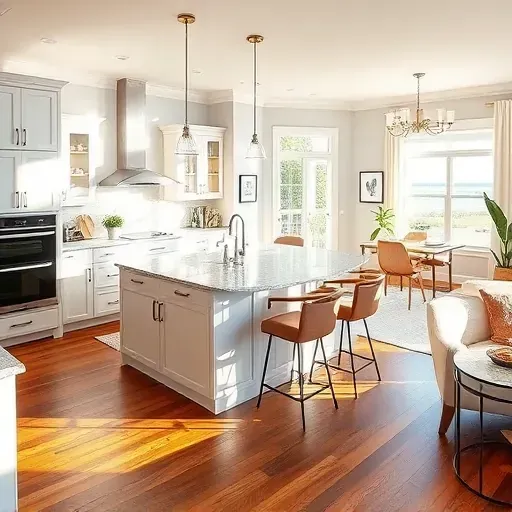 Completed home remodeling project in Calabash NC featuring a modern kitchen with sleek cabinetry and polished marble island