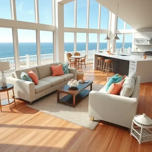 Completed home remodel in Carolina Beach NC featuring a spacious coastal living room with ocean views and modern decor.