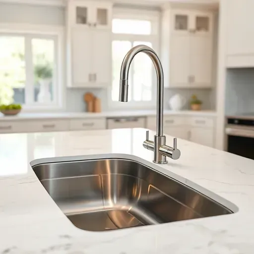 Perfectly installed modern stainless steel kitchen sink with high-arc faucet and marble countertop in well-lit, organized Jacksonville kitchen