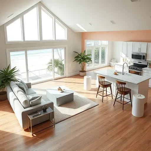 Home remodeling in North Topsail Beach NC with open living room, hardwood floors, modern furnishings, and ocean view.