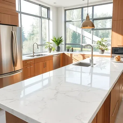 Polished marble kitchen countertop with elegant veining in white gray and gold tones in a modern Jacksonville NC kitchen