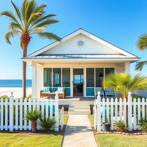 Elegant coastal home remodeling in North Topsail Beach showcasing pastel exterior, lush landscaping, and serene ocean view.