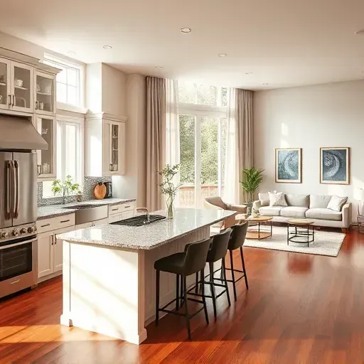 Modern kitchen in Leland NC featuring stainless steel appliances, granite countertops, large island, and hardwood floors.