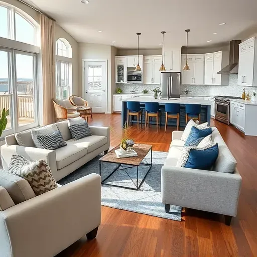 Renovated living room in Morehead City NC featuring modern furnishings, warm neutrals, and deep blue accents.