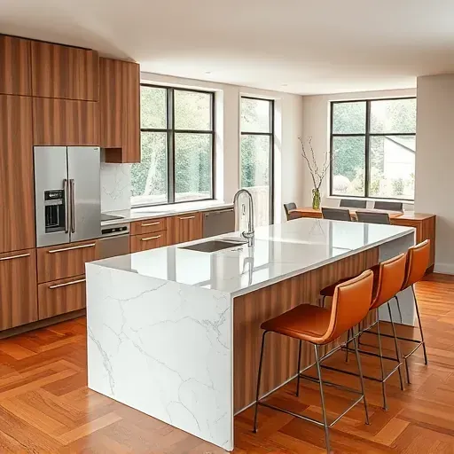 Modern upscale Jacksonville kitchen with marble island, wooden cabinets, stainless steel appliances, leather barstools, and natural light
