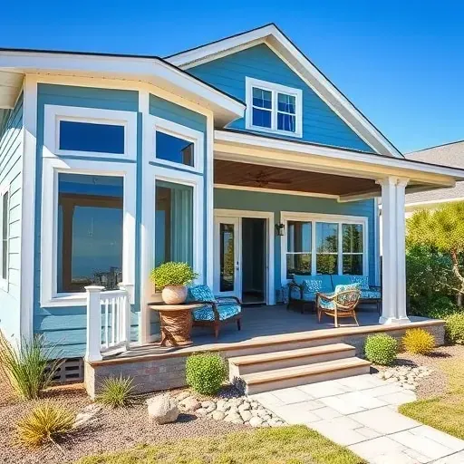 Completed home remodeling project in Oak Island NC with soft blue siding, white trim, large windows, and lush landscaping.
