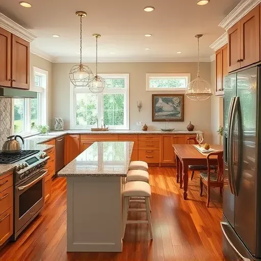 Modern kitchen remodel in Calabash, NC with granite countertops, stainless steel appliances, and custom cabinetry.