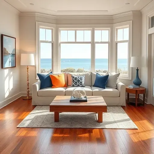 Remodeled living room in Newport, NC featuring coastal design, natural light, and elegant furnishings.
