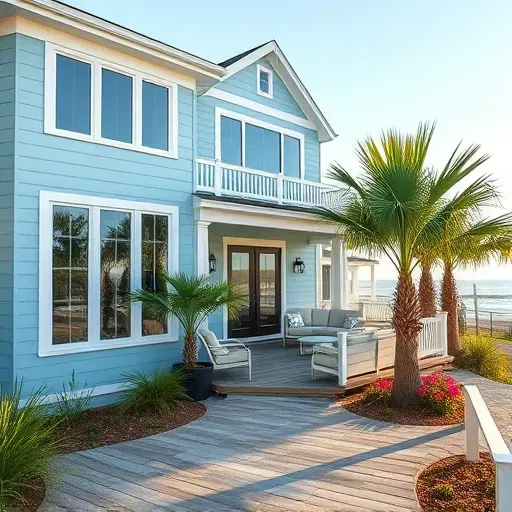Beautifully renovated coastal home in Pine Knoll Shores NC with soft blue paint, inviting porch, and vibrant landscaping.