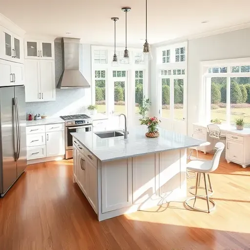 Modern kitchen remodel in Leland NC features white cabinetry, stainless steel appliances, and a spacious island with granite.