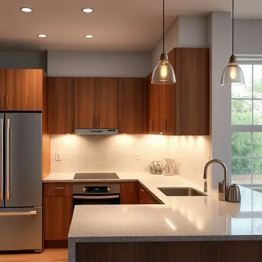 Completed under cabinet lighting in modern kitchen with sleek cabinets, polished granite countertop, stainless steel appliances, and bright natural light