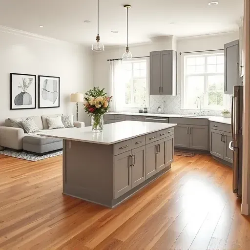 Modern kitchen remodel in Holly Ridge NC featuring gray cabinetry, quartz countertops, and stainless steel appliances.