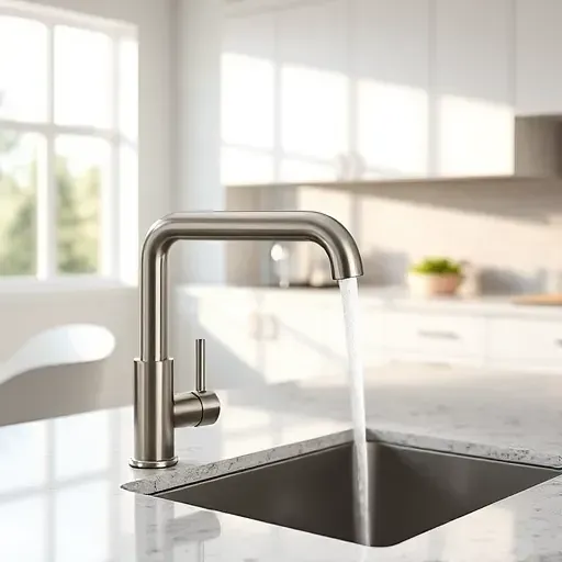 Shiny stainless steel kitchen faucet with flowing water installed on modern granite countertop in bright contemporary kitchen