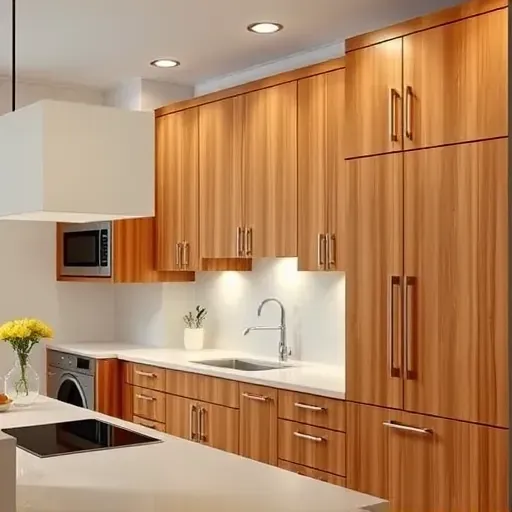 Modern kitchen with high-quality wooden RTA cabinets, polished countertops, sleek hardware, and contemporary design elements