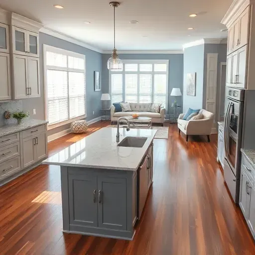 Modern kitchen in Cape Carteret NC with sleek cabinets, spacious island, quartz countertops, and cozy living room.