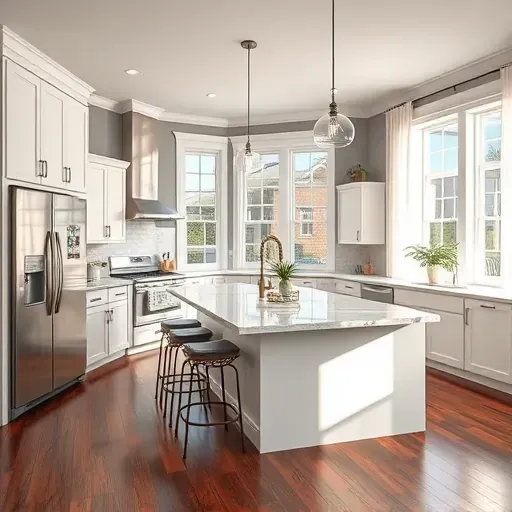 Modern kitchen remodel in New Bern NC features sleek cabinetry, quartz countertops, and natural light from large windows.