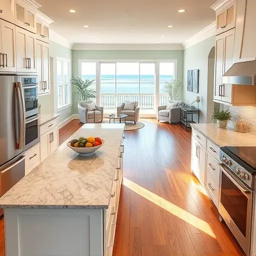 Modern kitchen in Beaufort NC with white cabinetry, granite island, stainless steel appliances, and warm decor accents.