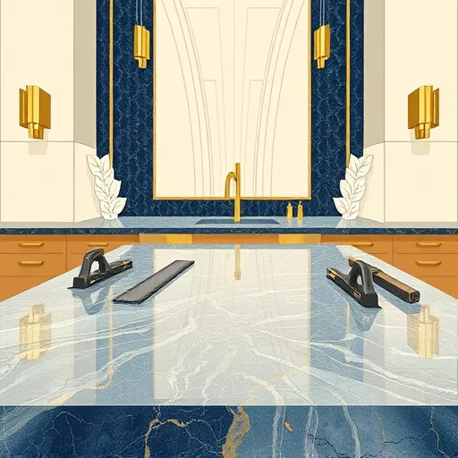 A sophisticated illustration showcasing the installation of a premium granite countertop in an Art Deco style kitchen. The scene features a polished, luxurious granite surface with intricate veining and shimmering patterns, set against stylized cabinetry with geometric, symmetrical designs. Abstract tools such as angular saws and clamps are arranged with precision, representing craftsmanship without human figures. The background highlights sleek architectural elements with gold accents, bold stepped motifs, and symmetrical patterns that evoke opulence and modernity. The color palette includes rich deep blues, warm golds, and creamy whites, conveying elegance and calm confidence. Decorative details like etched floral motifs on the granite edges add a touch of nature-inspired artistry. Vintage-inspired lighting fixtures with geometric patterns cast a warm glow, enhancing the glossy finish of the stone. Overall, the image exudes high-class craftsmanship and modern luxury through clean lines, symmetrical design, and refined decorative accents, ideal for a blog cover on granite countertop installation.