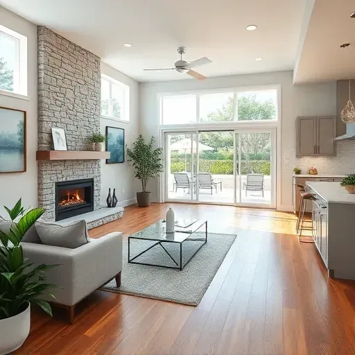 Modern living room remodel in Surf City NC features natural light, stylish furniture, and a stone fireplace for warmth.