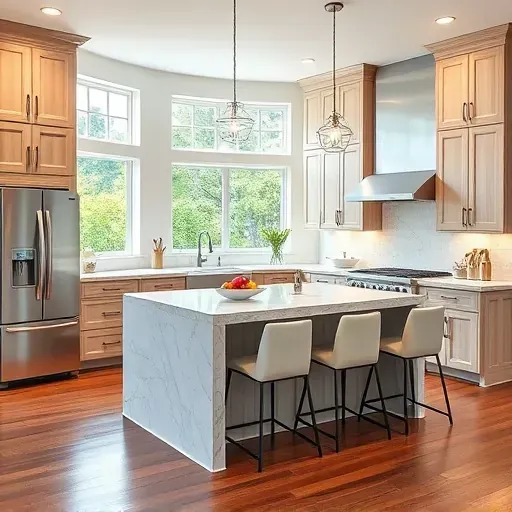 Modern kitchen remodel in Newport NC with stainless steel appliances, marble countertops, and natural wood cabinetry.