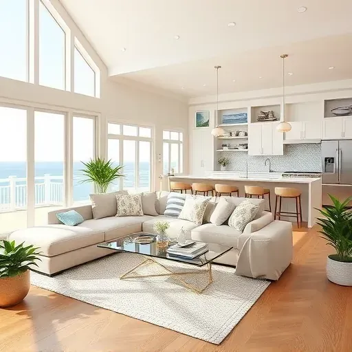 Completed home remodel in Corolla NC featuring a coastal style living room with ocean views, elegant decor, and modern kitchen.