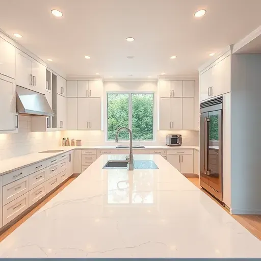 Finished Jacksonville NC kitchen with modern LED recessed lighting, white cabinets, quartz island, and stainless steel appliances