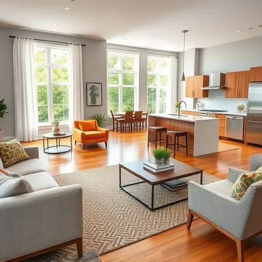 Bright open-concept living space in Jacksonville, NC, with modern decor, hardwood flooring, and quartz kitchen island.