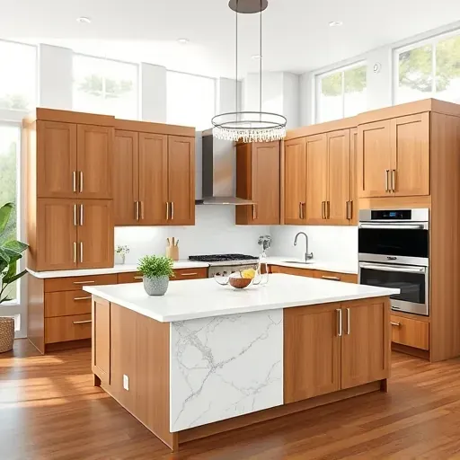Custom oak kitchen cabinets with marble countertops, stainless steel appliances, and polished hardwood flooring in Jacksonville NC