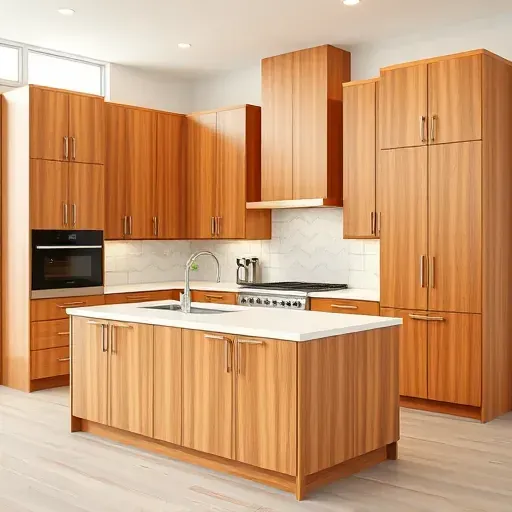 Modern Jacksonvill RTA kitchen with warm wood cabinets, quartz island, sleek hardware, natural light, and integrated appliances