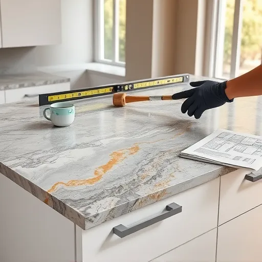 A highly detailed, photorealistic image of a luxurious marble countertop installation in a modern kitchen. The marble slab features intricate veining patterns with rich, swirling tones of deep gray, gold, and white. The scene highlights a sleek kitchen environment with minimalist white cabinetry and polished chrome handles, showcasing the new marble being carefully aligned. Artisan's hands, wearing clean dark gloves, delicately position the marble using a level and a soft mallet, emphasizing craftsmanship and precision. In the background, soft natural light filters through large windows, casting gentle reflections on the glossy marble surface. A small vintage porcelain coffee cup with bright turquoise glaze sits on the countertop corner, adding a playful contrast to the elegant stone. An open blueprint or design plan is partially visible nearby, indicating careful planning. The overall atmosphere combines professionalism with approachability, highlighting the artistry, durability, and high quality of marble in a clean, sophisticated kitchen setting.