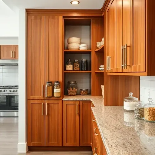 Well-organized modern pantry with warm wooden cabinets, glass jars, and stainless steel accents in a bright, stylish kitchen