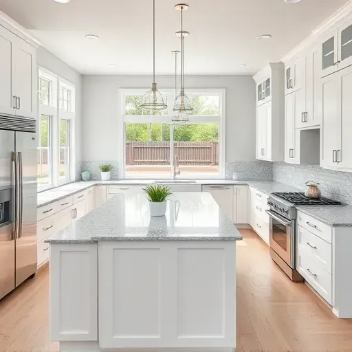 Modern kitchen remodel in Swansboro, NC features white cabinetry, granite island, and natural light enhancing the design.