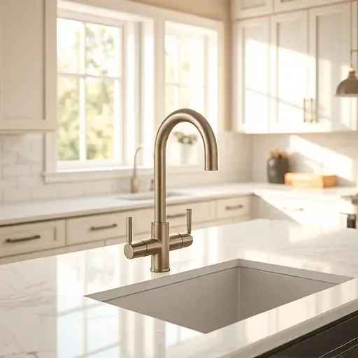 Recently installed sleek stainless steel kitchen faucet on granite countertop in a modern Jacksonville kitchen with subway tile backsplashes