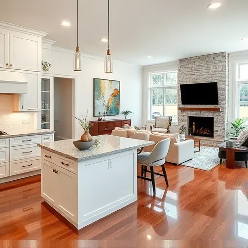 Stunning kitchen and living area in New Bern showcasing modern design with white cabinetry and elegant lighting.