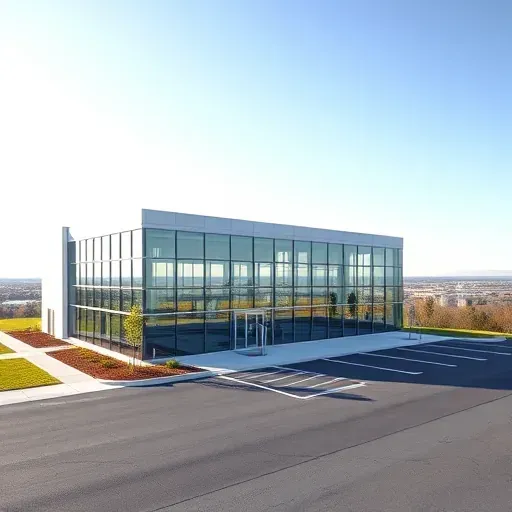 Completed modern commercial building in Jacksonville NC with glass windows, landscaped parking lot, cityscape background