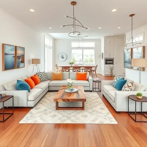 Updated living room in Oak Island NC with modern furnishings, natural light, polished hardwood, and coastal charm.
