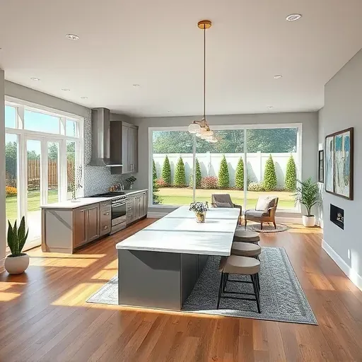 Modern living space in Belville NC featuring open layout, high-end finishes and natural light, with elegant decor and landscaping.