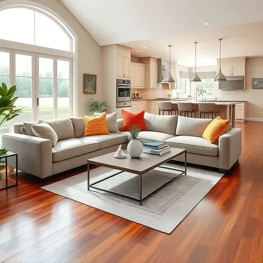 Renovated living room in Point Harbor NC with hardwood floors, modern furniture, and open-concept kitchen design.