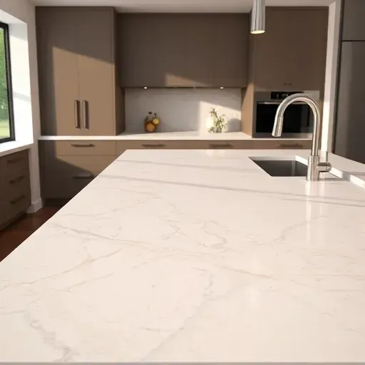 Freshly installed polished beige and gray marble kitchen countertop in a modern Jacksonville NC kitchen with sleek cabinetry and stainless steel fixtures