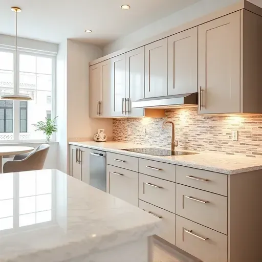 Newly installed modern kitchen cabinets in Jacksonville North Carolina with matte finish quartz countertops and stainless steel accents