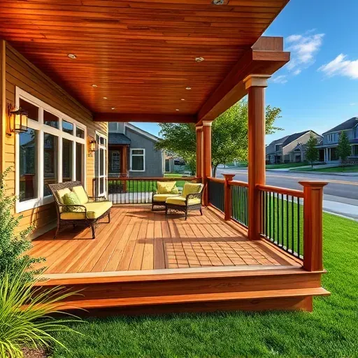 Beautiful finished wooden deck in Jacksonville NC with built-in seating modern lighting lush landscaping and neighborhood backdrop