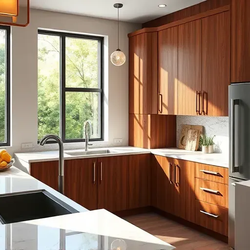 Newly replaced kitchen cabinet in Jacksonville NC highlighting craftsmanship, natural light, polished surfaces, and modern design