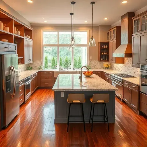 Modern kitchen remodeling in Moyock, NC with granite countertops, stainless steel appliances, and natural light.