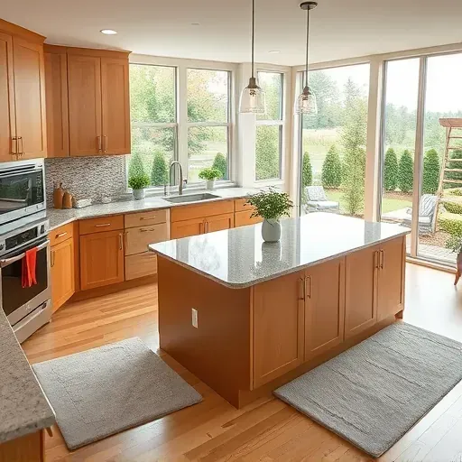 A modern Jacksonville kitchen features warm wood cabinetry, a granite island, and seamless stainless steel appliances.