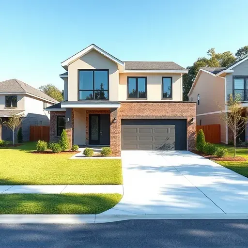 Newly completed modern residential home in Jacksonville NC featuring clean lines, energy-efficient windows, lush front yard, and suburban neighborhood.