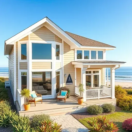 Beautiful coastal home remodeling in Surf City NC features beige siding, white trim, and ocean views with vibrant landscaping.