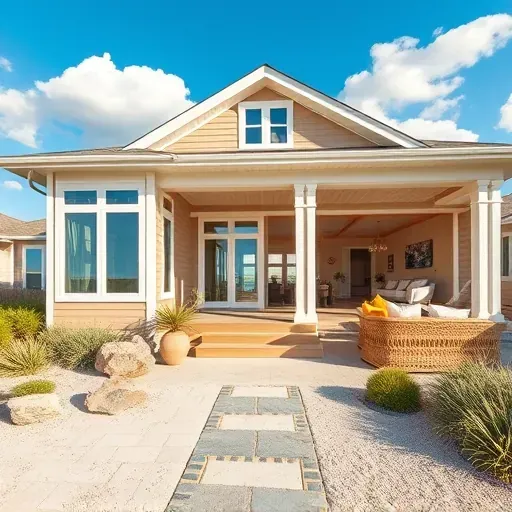 Modern coastal home remodel in Corolla NC with sandy-beige siding, panoramic windows, and lush landscaped yard.